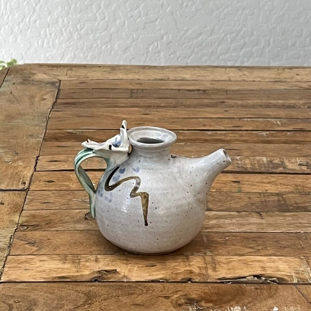 Studio Art Pottery Clay Teapot 4" Beige Speckled Glaze Flower Handle